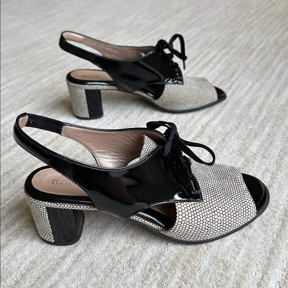 EUC Beautifeel Slingback Peep Toe Lace up Sandals Black Patent Dots EU 40 US 9.5
